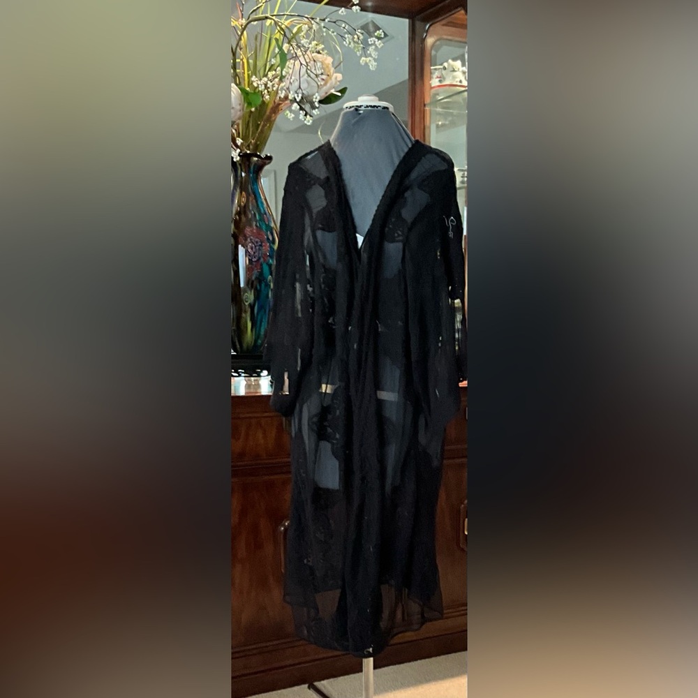 Sheer Lace-Accent Black Kimono Overcoat.  Reduction sale 2026